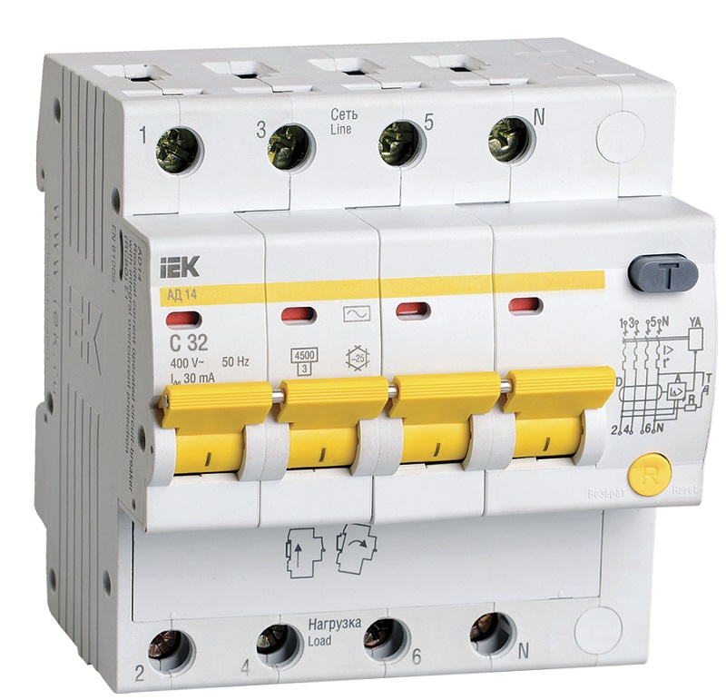 Автомат дифференциального тока АВДТ IEK KARAT АД14 4п 32А 30мА 4,5кА C тип AC